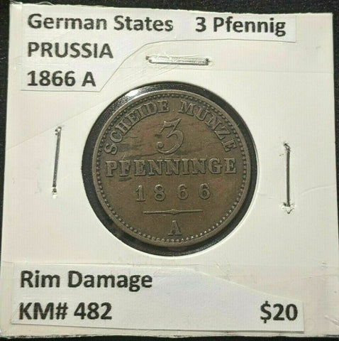 German States PRUSSIA 1866 A 3 Pfennig KM# 482 Rim Damage #809  7A