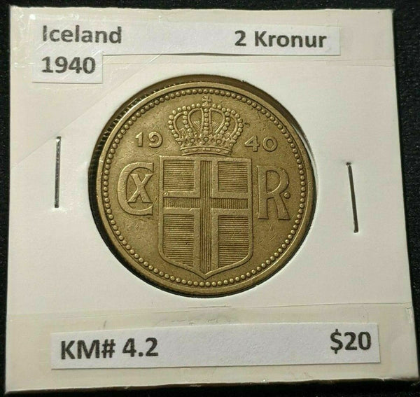 Iceland 1940 2 Kronur KM# 4.2 #229