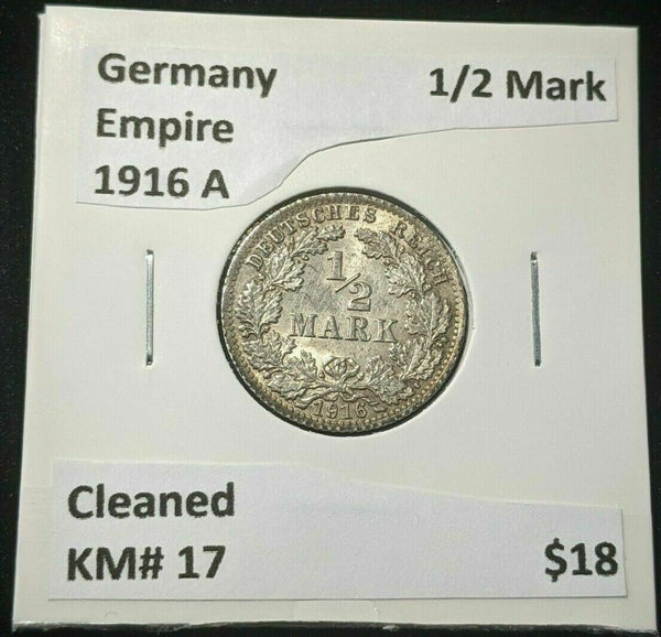 Germany Empire 1916 A 1/2 Mark KM# 17 Cleaned #465  8A