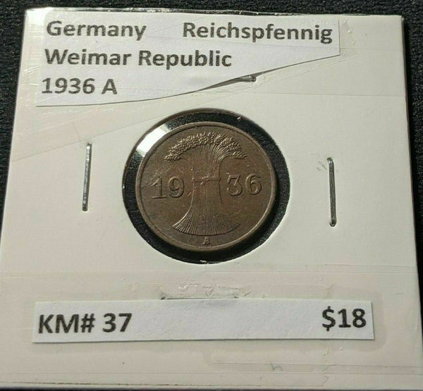 Germany Weimar Republic 1936 A Reichspfennig KM# 37 #864  7B