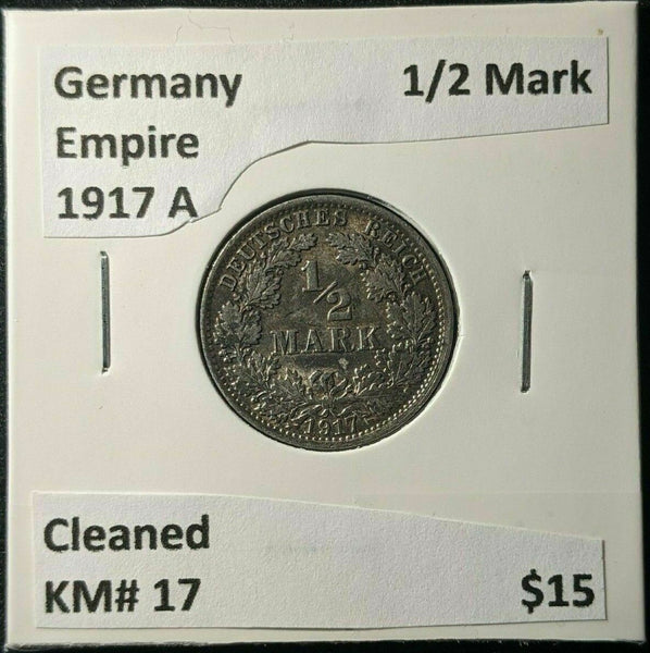 Germany Empire 1917 A 1/2 Mark KM# 17 Cleaned #448  8A