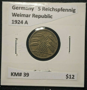 Germany Weimar Republic 1924 A 5 Reichspfennig KM# 39   #186  7B