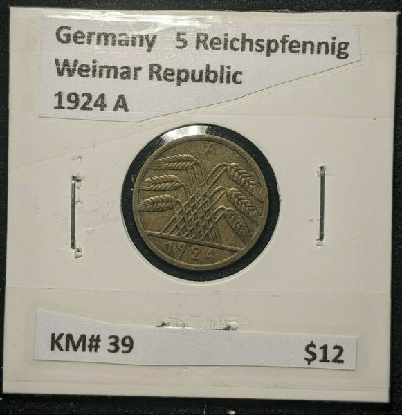 Germany Weimar Republic 1924 A 5 Reichspfennig KM# 39   #186  7B