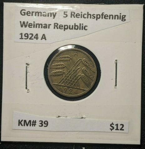 Germany Weimar Republic 1924 A 5 Reichspfennig KM# 39   #186  7B
