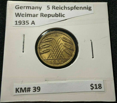 Germany Weimar Republic 1935 5 Reichspfennig KM# 39 #860  7B