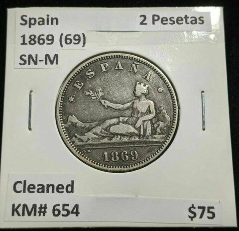 Spain 1869 (69) SN-M 2 Pesetas KM# 654 Cleaned #007  #20A