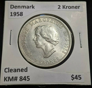 Denmark 1958 2 Kroner KM# 845 Cleaned #011  #20A