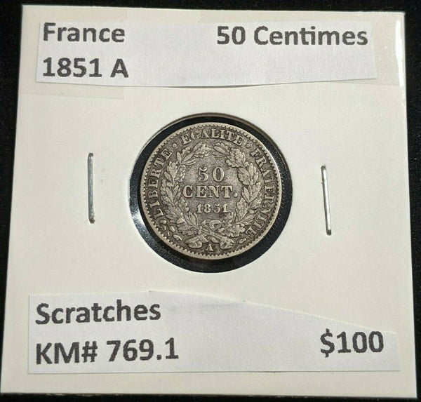 France 1851 A 50 Centimes KM# 769.1 Scratches #005  #20A