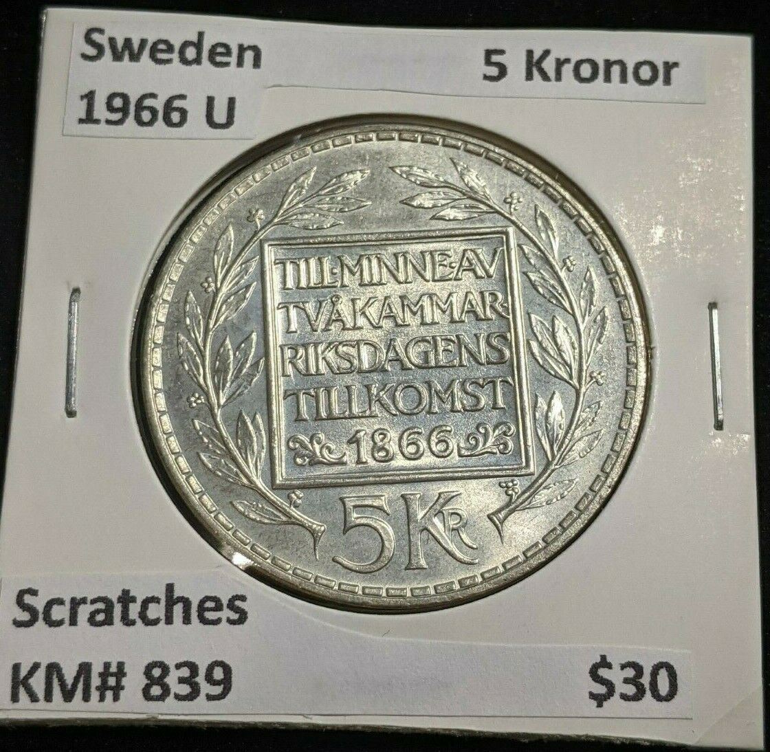 Sweden 1966 U 5 Kronor KM# 839 Scratches #020  #20A