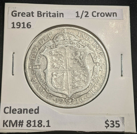 Great Britain 1916 1/2 Crown KM# 818.1 Cleaned #015 #22A