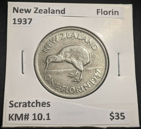 New Zealand 1937 Florin KM# 10.1 Scratches #239 #22A
