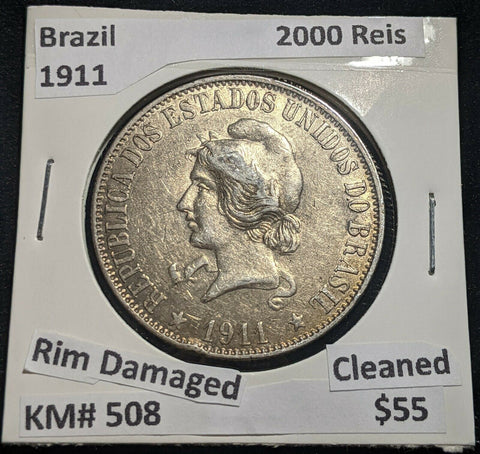 Brazil 1911 2000 Reis KM# 508 Cleaned Rim Damaged #021  #14C