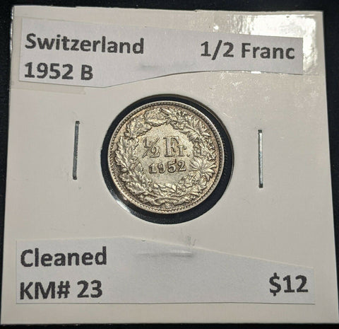 Switzerland 1952 B 1/2 Franc KM# 23 Cleaned #249  #14C