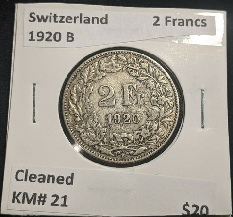 Switzerland 1920 B 2 Francs KM# 21 Cleaned #213 #14B