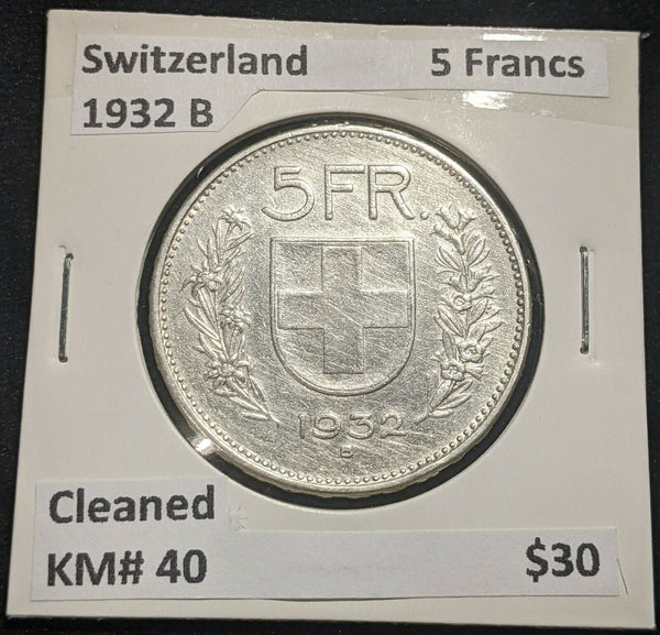 Switzerland 1932 B 5 Francs KM# 40 Cleaned #059 #14B