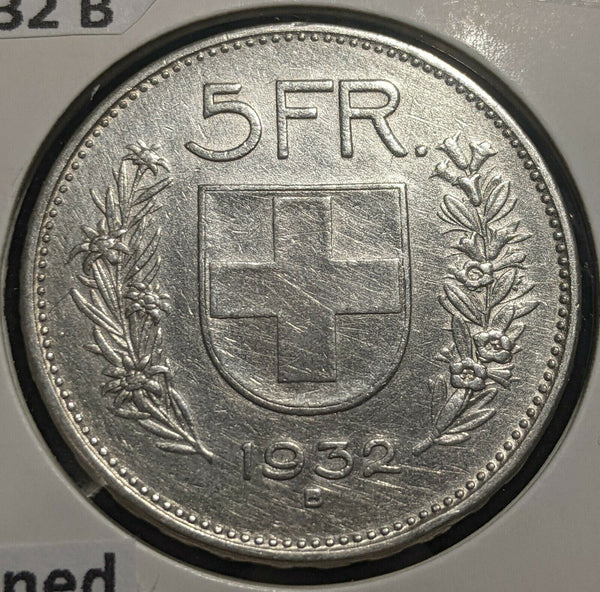 Switzerland 1932 B 5 Francs KM# 40 Cleaned #059 #14B