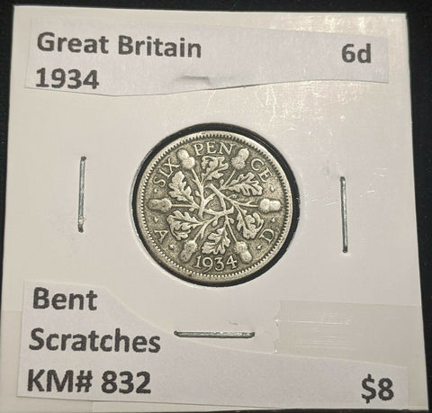 Great Britain 1934 Sixpence 6d KM# 832 Bent Scratches #029 #14B