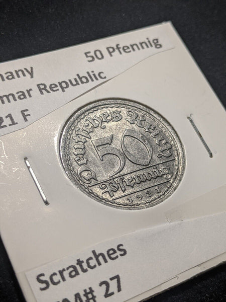Germany Weimar Republic 1921 F 50 Pfennig KM# 27 Scratches #286 #18C
