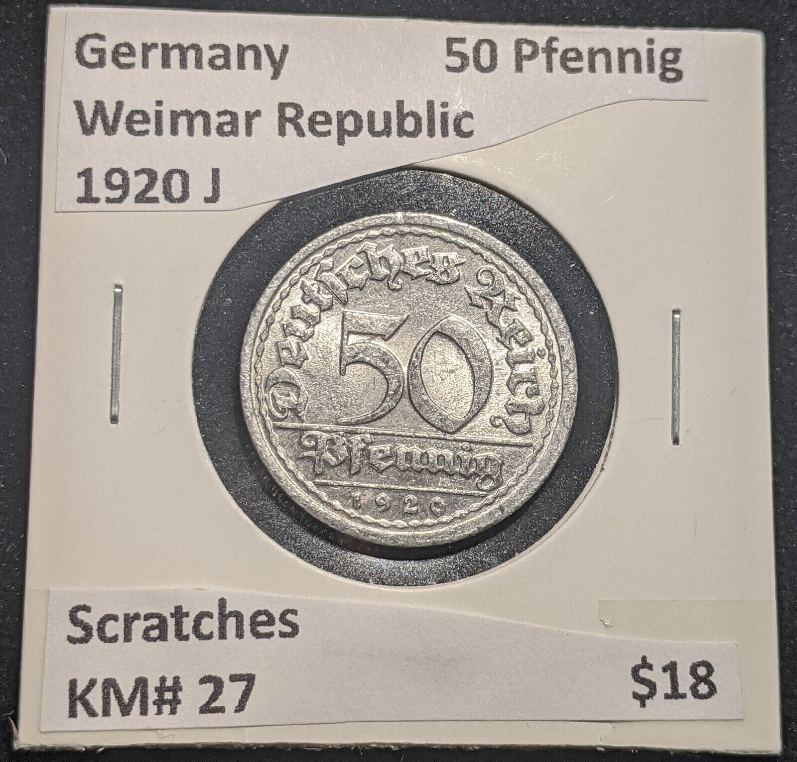 Germany Weimar Republic 1920 J 50 Pfennig KM# 27 Scratches #642 #18C