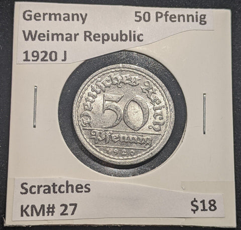 Germany Weimar Republic 1920 J 50 Pfennig KM# 27 Scratches #642 #18C