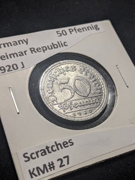 Germany Weimar Republic 1920 J 50 Pfennig KM# 27 Scratches #642 #18C