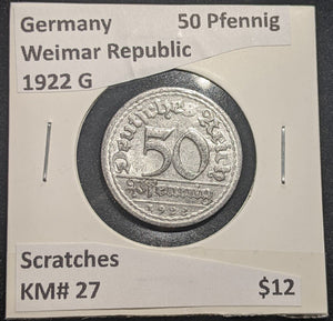 Germany Weimar Republic 1922 G 50 Pfennig KM# 27 Scratches #643 #18C