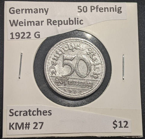 Germany Weimar Republic 1922 G 50 Pfennig KM# 27 Scratches #643 #18C