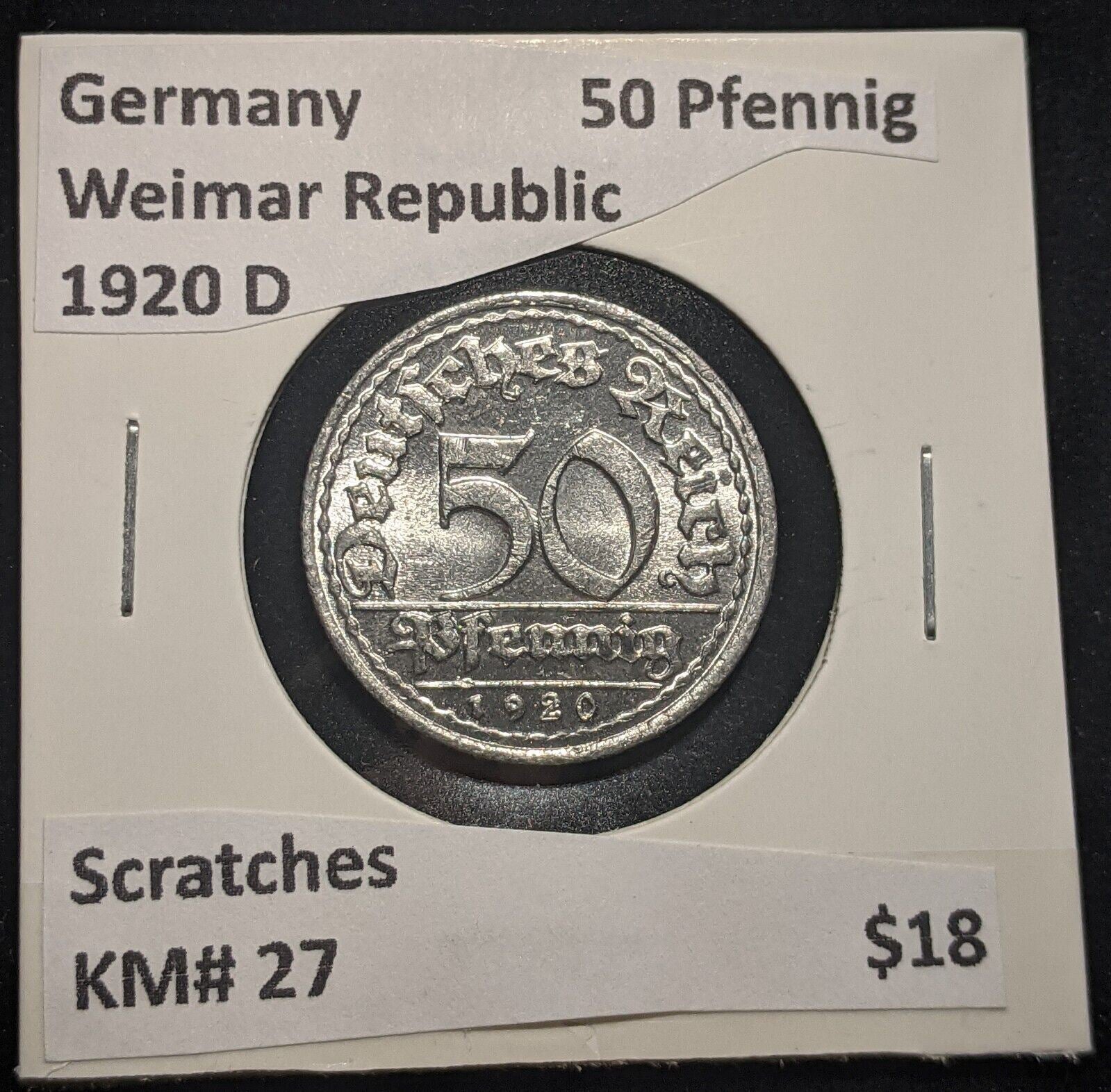 Germany Weimar Republic 1920 D 50 Pfennig KM# 27 Scratches #637 #18C
