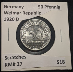 Germany Weimar Republic 1920 D 50 Pfennig KM# 27 Scratches #637 #18C