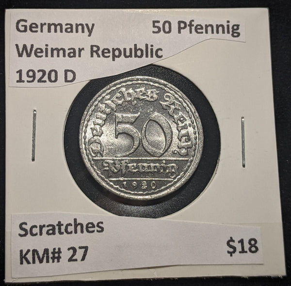 Germany Weimar Republic 1920 D 50 Pfennig KM# 27 Scratches #637 #18C