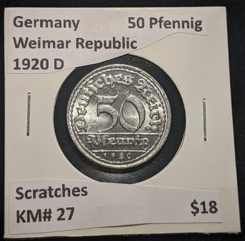 Germany Weimar Republic 1920 D 50 Pfennig KM# 27 Scratches #637 #18C