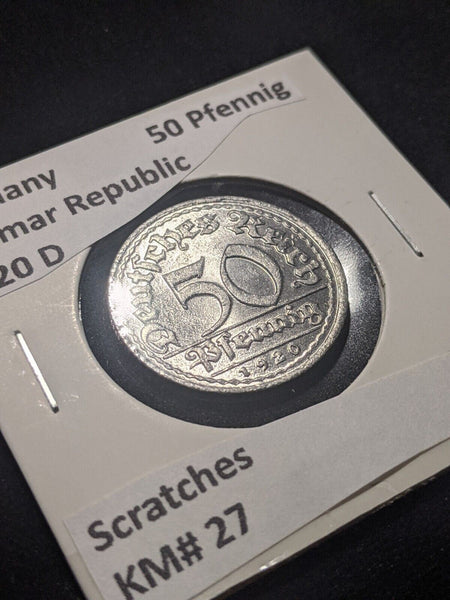 Germany Weimar Republic 1920 D 50 Pfennig KM# 27 Scratches #637 #18C