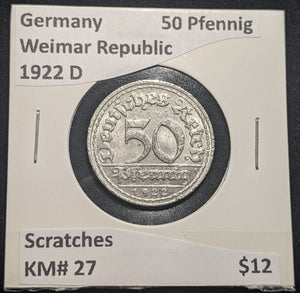 Germany Weimar Republic 1922 D 50 Pfennig KM# 27 Scratches #648 #18C