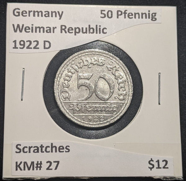 Germany Weimar Republic 1922 D 50 Pfennig KM# 27 Scratches #648 #18C