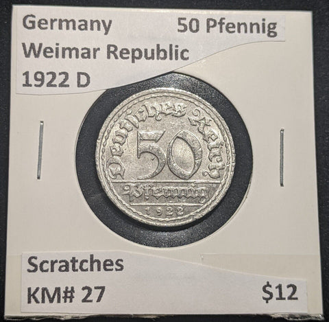 Germany Weimar Republic 1922 D 50 Pfennig KM# 27 Scratches #648 #18C