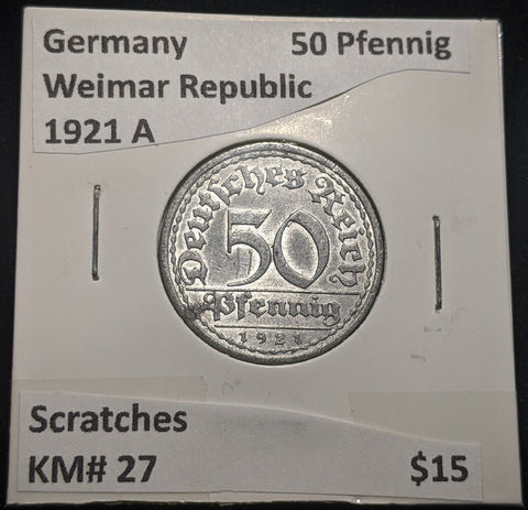 Germany Weimar Republic 1921 A 50 Pfennig KM# 27 Scratches #321 #18C