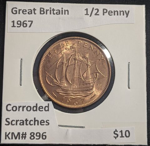 Great Britain 1967 Half Penny 1/2d KM# 896 Corroded Scratches #646  #18B