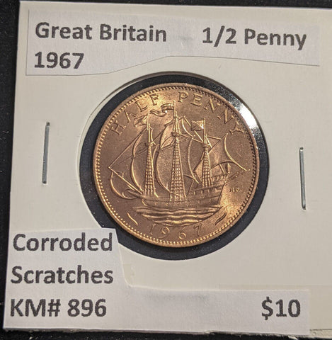 Great Britain 1967 Half Penny 1/2d KM# 896 Corroded Scratches #641  #18B