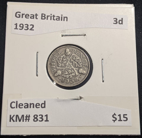 Great Britain 1932 Threepence 3d KM# 831 Cleaned #333 #18A