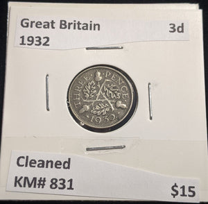 Great Britain 1932 Threepence 3d KM# 831 Cleaned #378 #18A