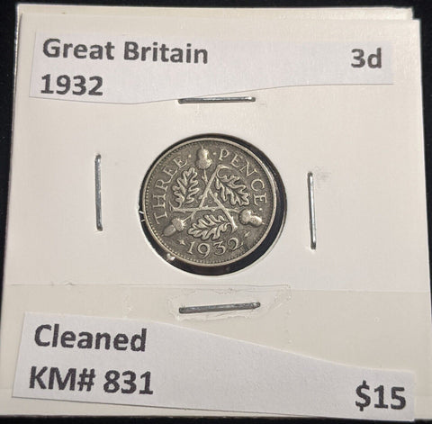 Great Britain 1932 Threepence 3d KM# 831 Cleaned #378 #18A