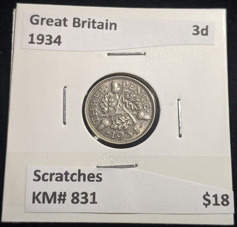 Great Britain 1934 Threepence 3d KM# 831 Scratches #380 #18A