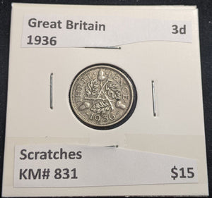 Great Britain 1936 Threepence 3d KM# 831 Scratches #315 #18A