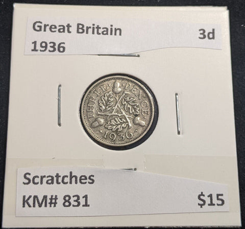 Great Britain 1936 Threepence 3d KM# 831 Scratches #315 #18A