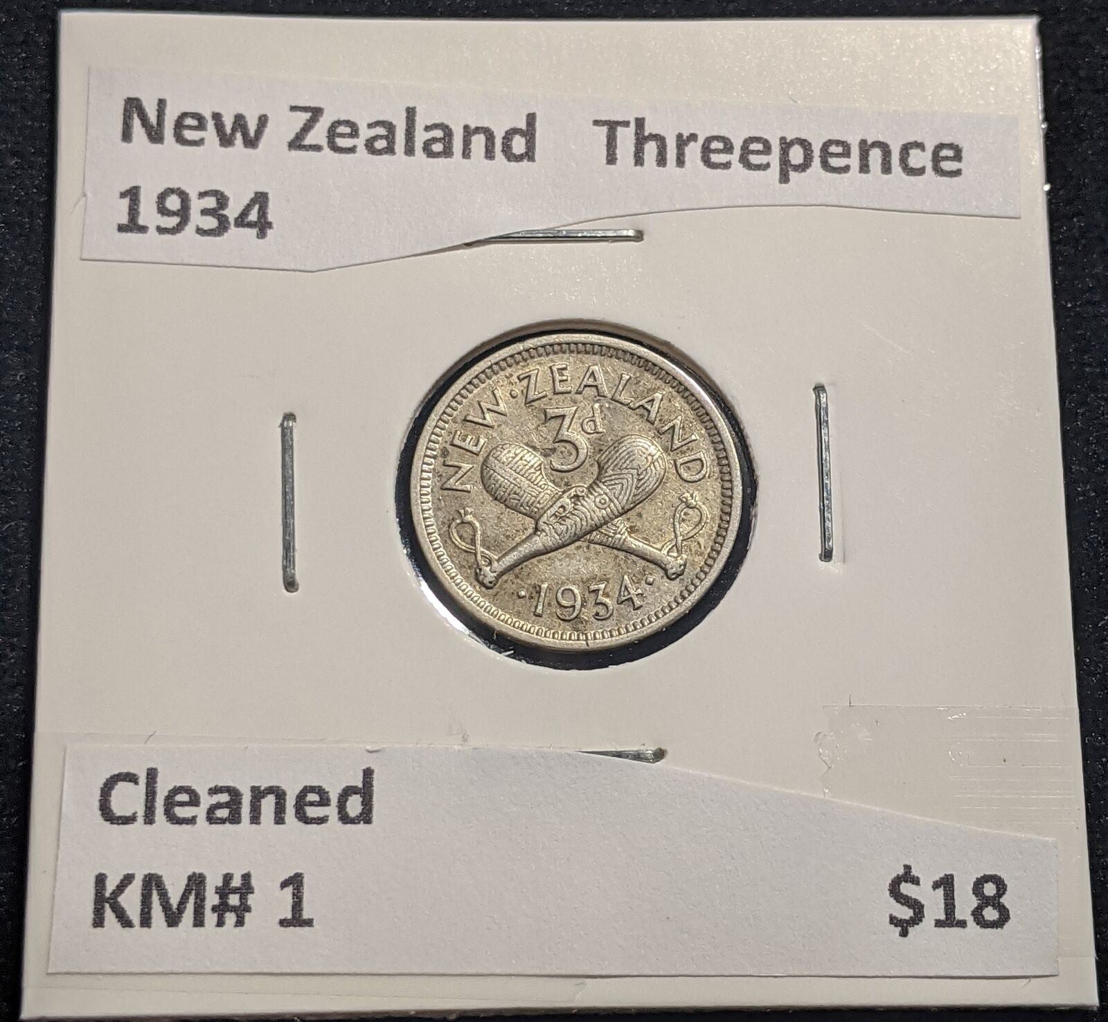 New Zealand 1934 Threepence 3d KM# 1 Cleaned #070 #19B