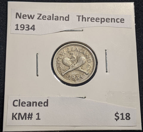 New Zealand 1934 Threepence 3d KM# 1 Cleaned #070 #19B