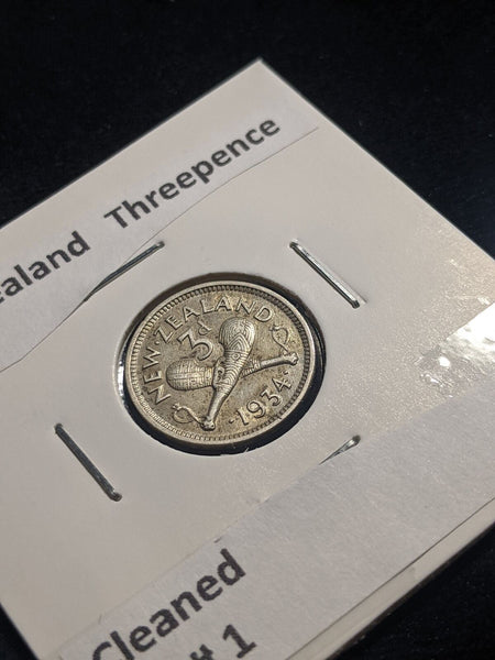 New Zealand 1934 Threepence 3d KM# 1 Cleaned #070 #19B
