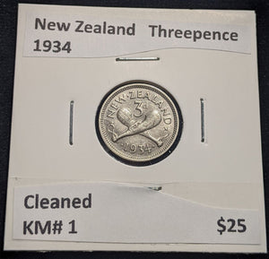 New Zealand 1934 Threepence 3d KM# 1 Cleaned #012 #19B