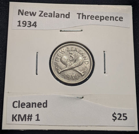 New Zealand 1934 Threepence 3d KM# 1 Cleaned #012 #19B