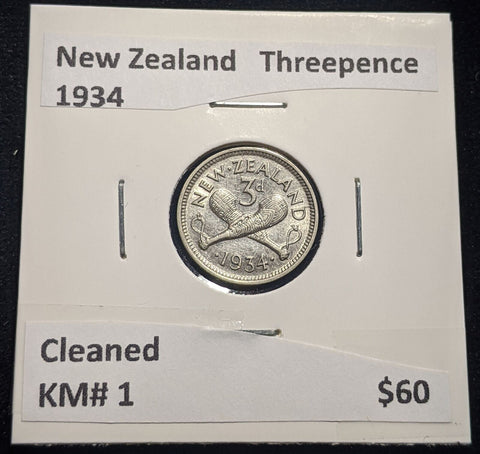 New Zealand 1934 Threepence 3d KM# 1 Cleaned #008 #19B